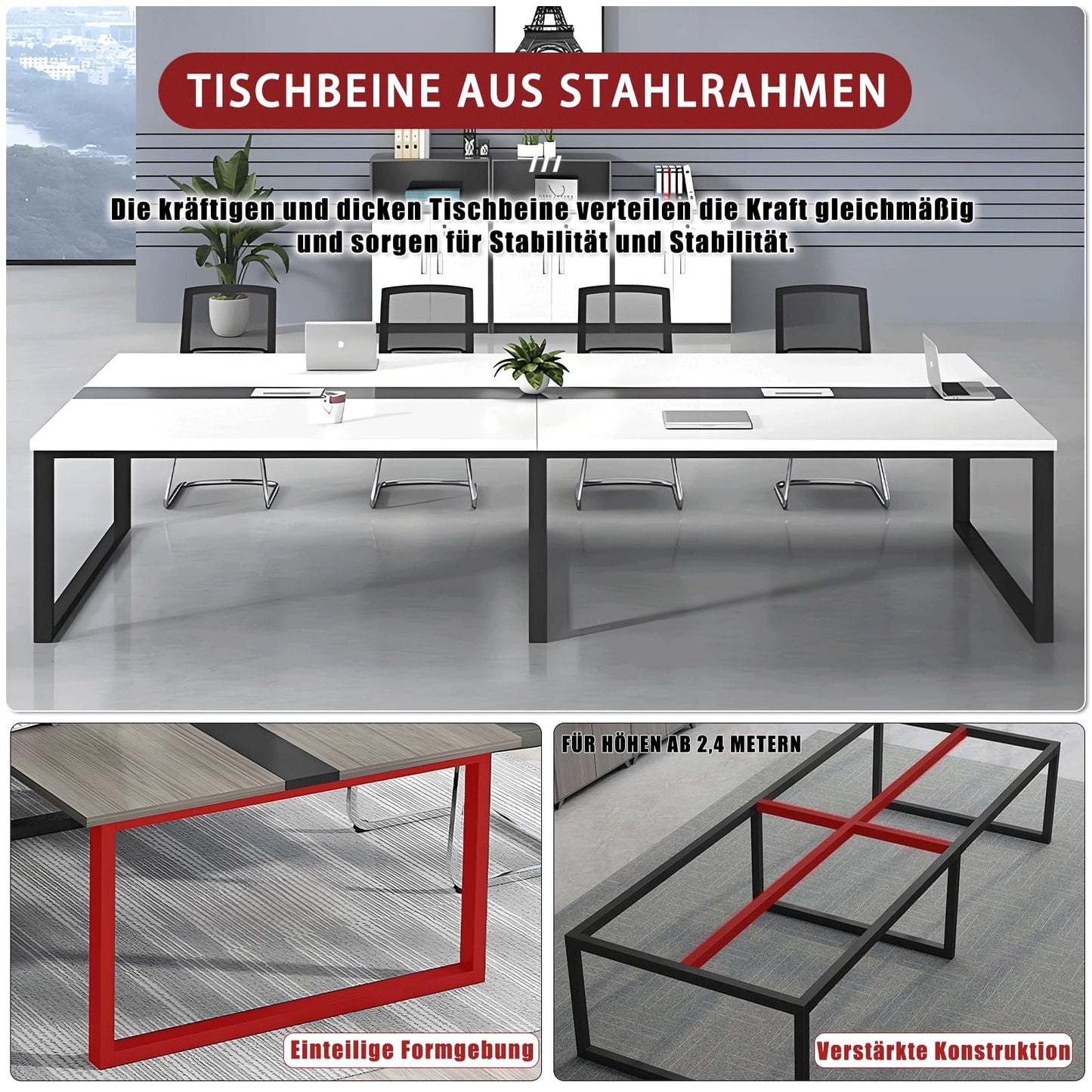 Tazyee Großer Konferenztisch Weiß Schwarz, Moderner Besprechungstisch mit Kabelmanagement und Höhenverstellbaren Füßen für 12 Personen