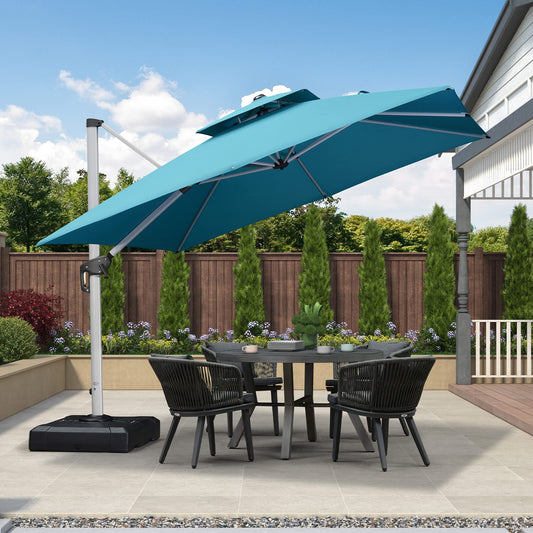 PURPLE LEAF Sonnenschirm Balkon 300 x 300 cm Ampelschirm Drehbar Neigbar Kippbar Marktschirm Groß 360°Rotation, Gartenschirm mit Kurbel, XXL Sonnenschutz UV50+, Türkis