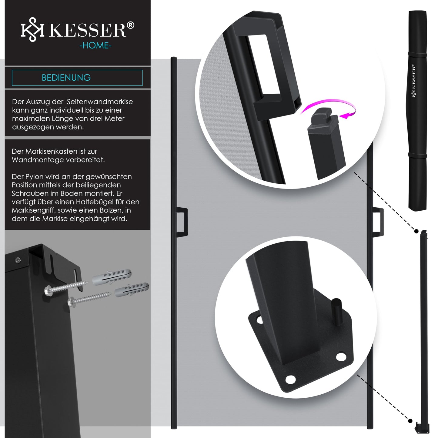 KESSER® Seitenmarkise ausziehbar Markise 300 x 180 cm Blickdicht Sichtschutz & Windschutz für Garten Balkon & Terrasse, Seitenrollo mit Wandhalterung, inkl. Wettercover Grau