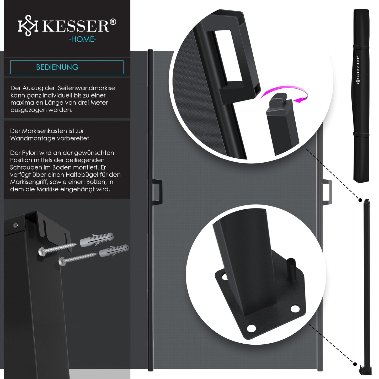 KESSER® Seitenmarkise ausziehbar Markise 180 x 300 cm Blickdicht Sichtschutz & Windschutz für Garten Balkon & Terrasse, Seitenrollo mit Wandhalterung, inkl. Wettercover Dunkelgrau