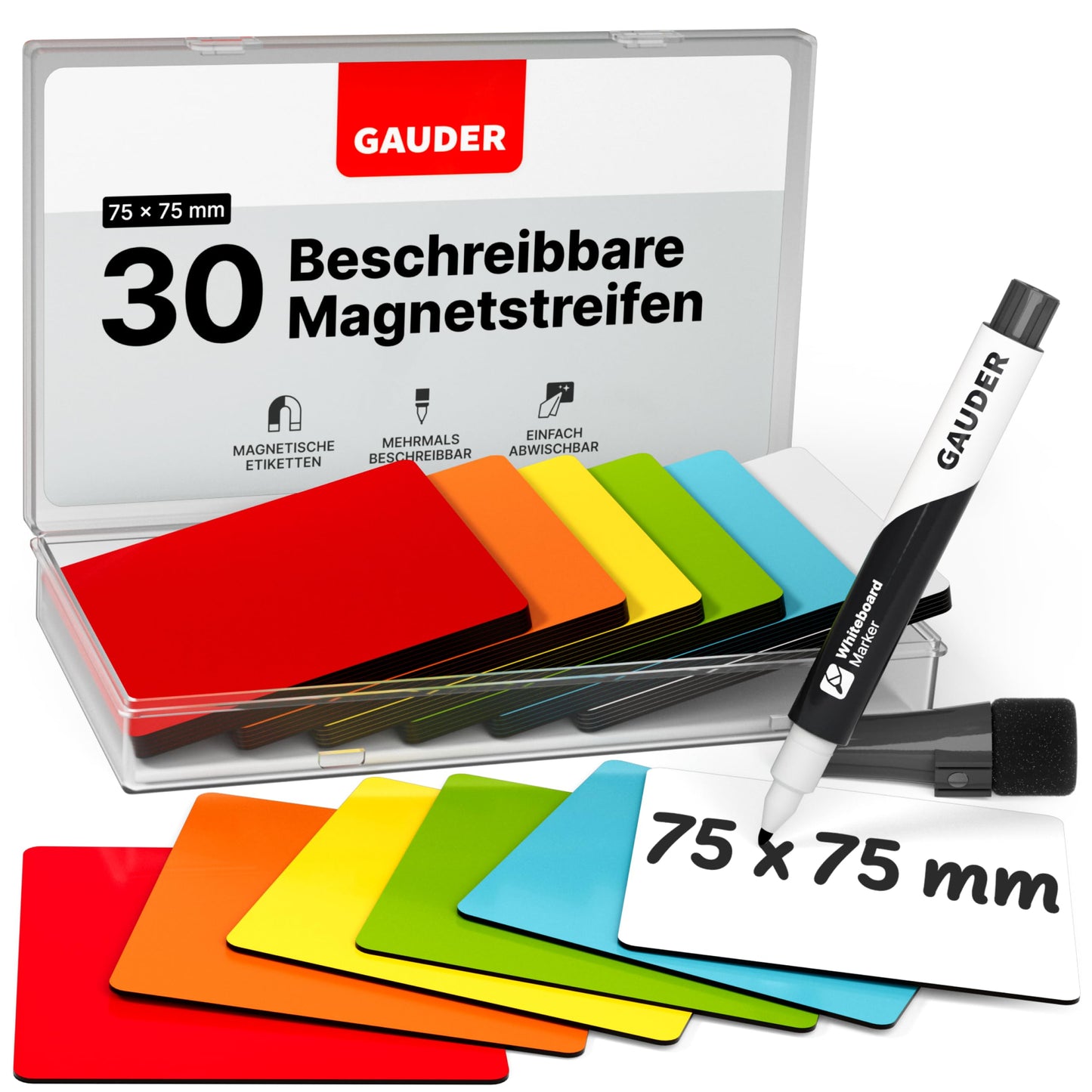 GAUDER Magnetstreifen beschreibbar | Magnetschilder zum Beschriften | Magnetkarten für Kanban Board, Whiteboard & Tafel (75 x 75 mm)