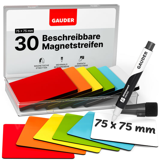 GAUDER Magnetstreifen beschreibbar | Magnetschilder zum Beschriften | Magnetkarten für Kanban Board, Whiteboard & Tafel (75 x 75 mm)