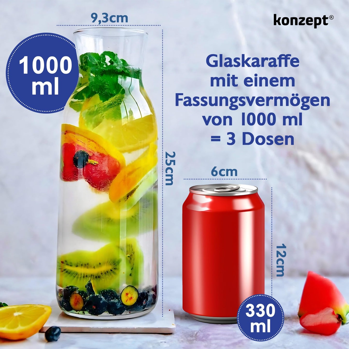 KONZEPT Wasserkaraffe ohne Deckel, Glaskaraffe 1 liter, Karaffe ideal für Wasser, Saft, Wein, Limonade, Coctails und Milch