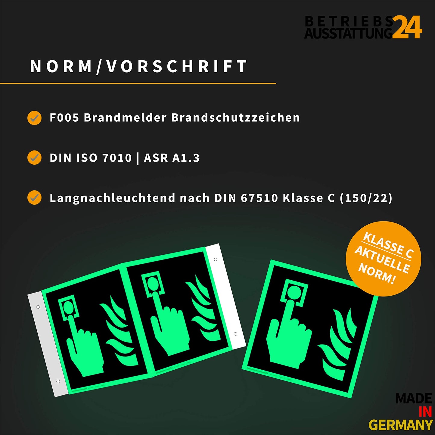 Brandmelder Schild | Aluminium langnachleuchtend | Größe: 20 x 20 cm | Symbol Schild l DIN 67510 Klasse C | Leuchtdichte 150 mcd | Brandschutzschild Brandschutzzeichen | Betriebsausstattung24®