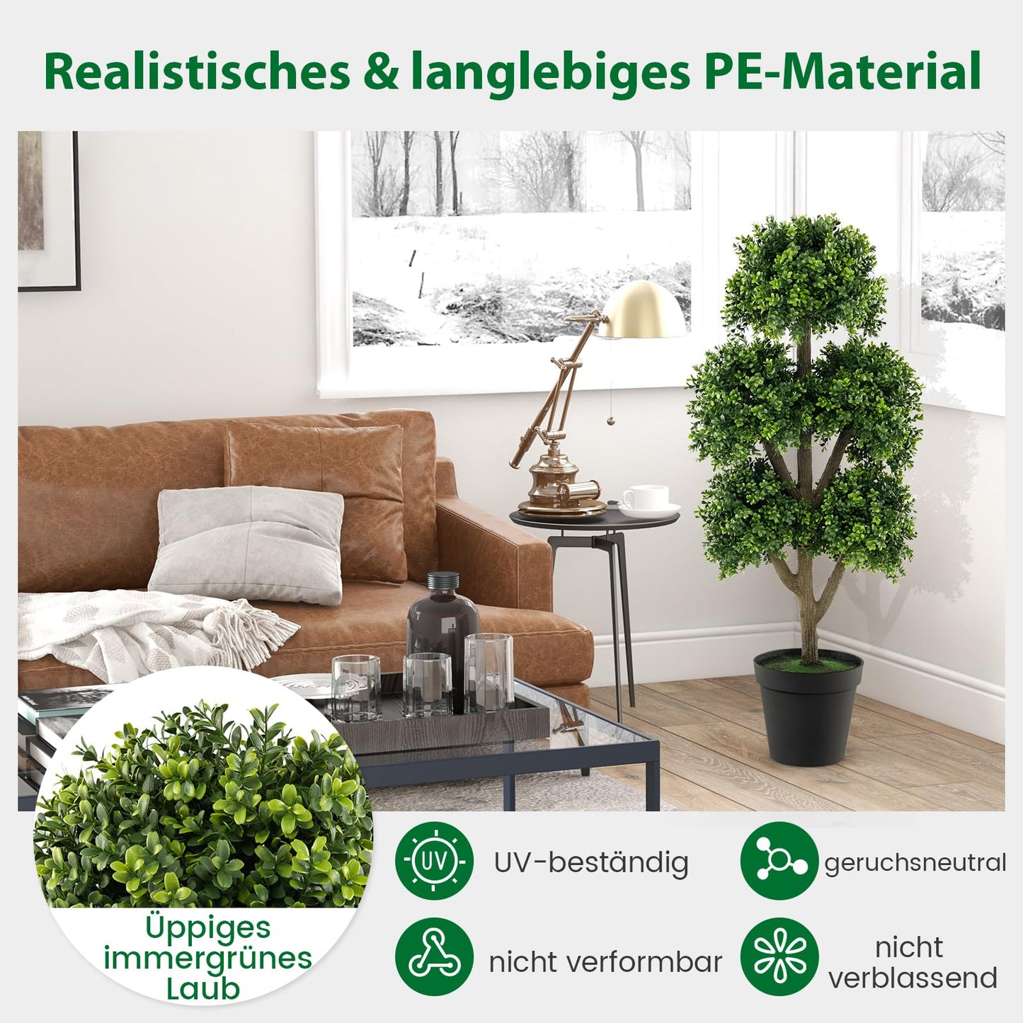 COSTWAY künstlicher Buchsbaum 115 cm, Kunstpflanze mit 5 Kugeln, Dekopflanze im Topf, Kugelbaum Grünpflanzen Kunstbaum, Zimmerpflanze Deko, für Zuhause Büro Garten Veranda, Grün