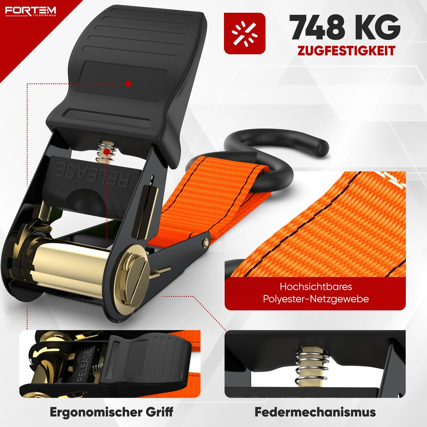 FORTEM Spanngurte, 748 kg Bruchfestigkeit, 4 x 4,57 m Spanngurte mit Ratsche - 4 Weiche Zurrschlaufen, Zurrgurte Spanngurte mit Haken aus Beschichtetem Metall - Gummigriffe - Tasche (Orange)