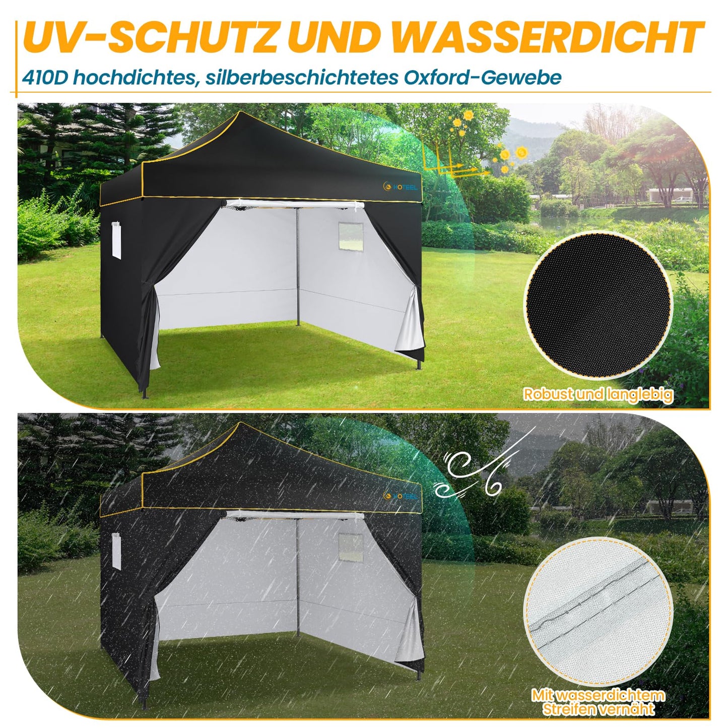 HOTEEL Faltpavillon Pavillon 3x3 Wasserdicht Stabil Winterfest Gartenpavillon, Pop Up Pavillon mit 4 Seitenwänden, Partyzelt 3x3 für Garten, Party, UV Schutz 50+ 3 Stufen Höhenverstellbar, Schwarz