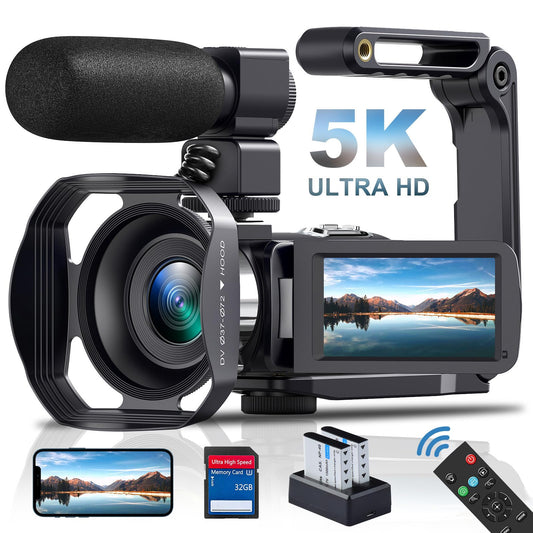 Delmodes Videokamera 5K Camcorder 64MP WiFi 18X Digitalzoom Vlogging Kamera für YouTube, 3.0" IPS Touchscreen IR Nachtsicht Videokamera mit Handstabilisator, 32GB SD-Karte, Fernbedienung, Batterien