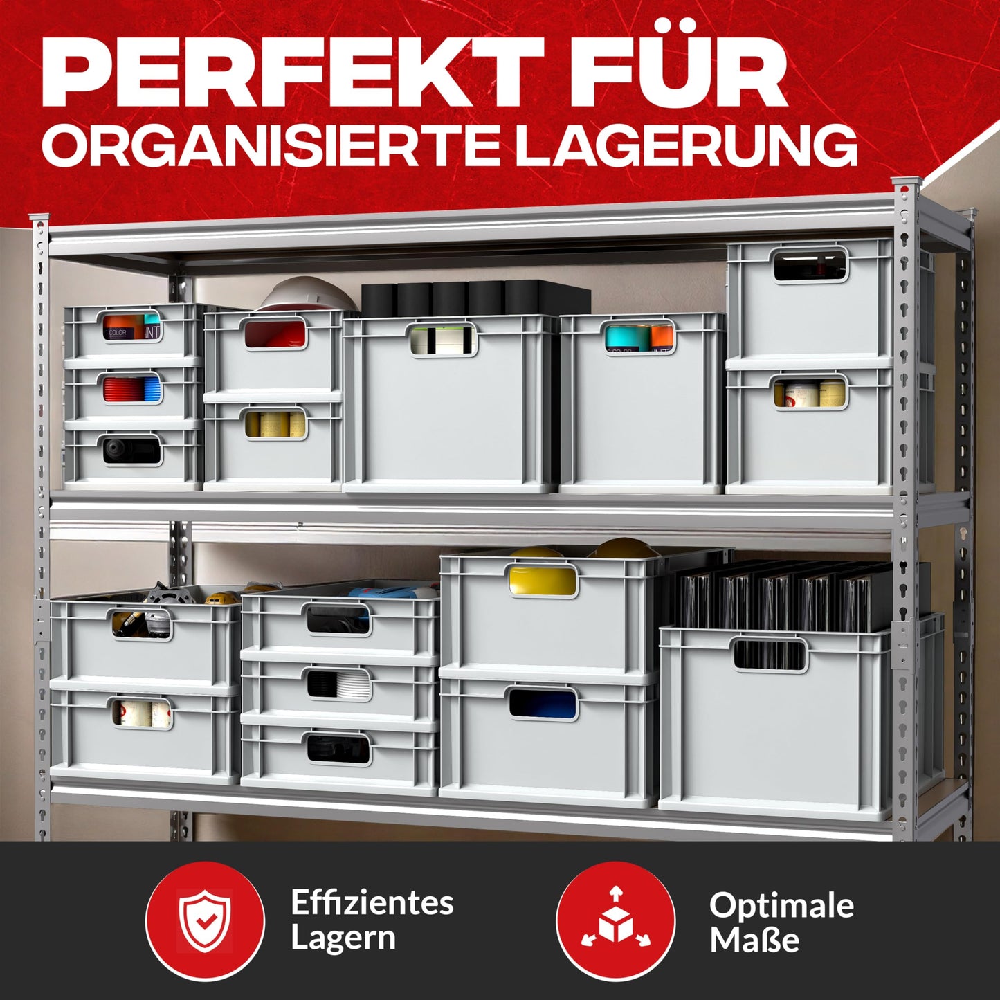 aidB Eurobox NextGen Economy 600x400x220mm – Robuste Aufbewahrungsbox 44L – Stapelbare Kunststoffbox mit offenen Griffen – Plastikbox für Lager, Transport & Aufbewahrung – Industriequalität - Grau