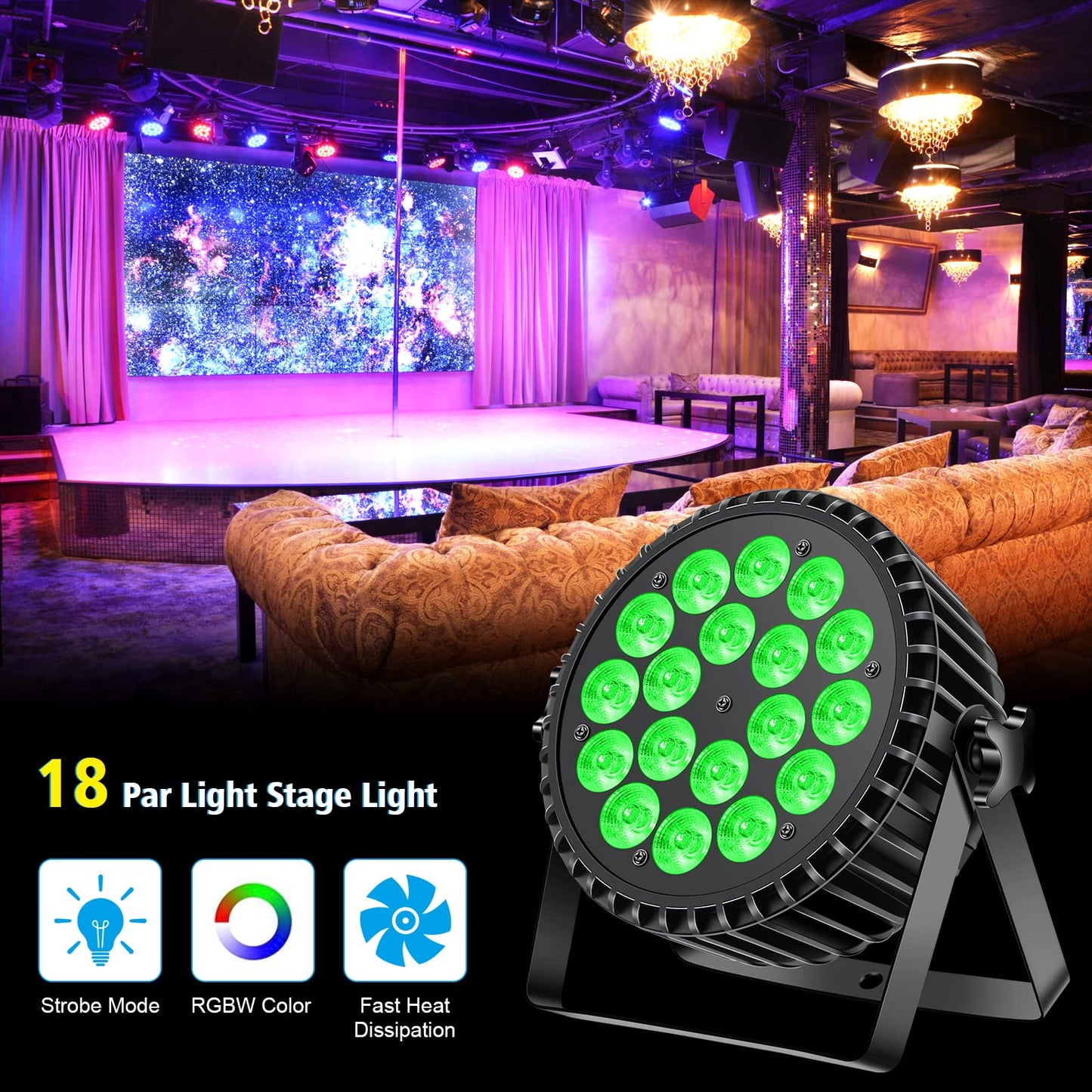 DELIBANG LED Par Scheinwerfer 200W 18 LED Bühnenlicht Strahler Discolicht Partylicht,8CH Par LED Licht RGBW DMX Strobe Sound Aktiv Modus Beleuchtung DJ Lichteffekt für Show Bar KTV Party Halloween