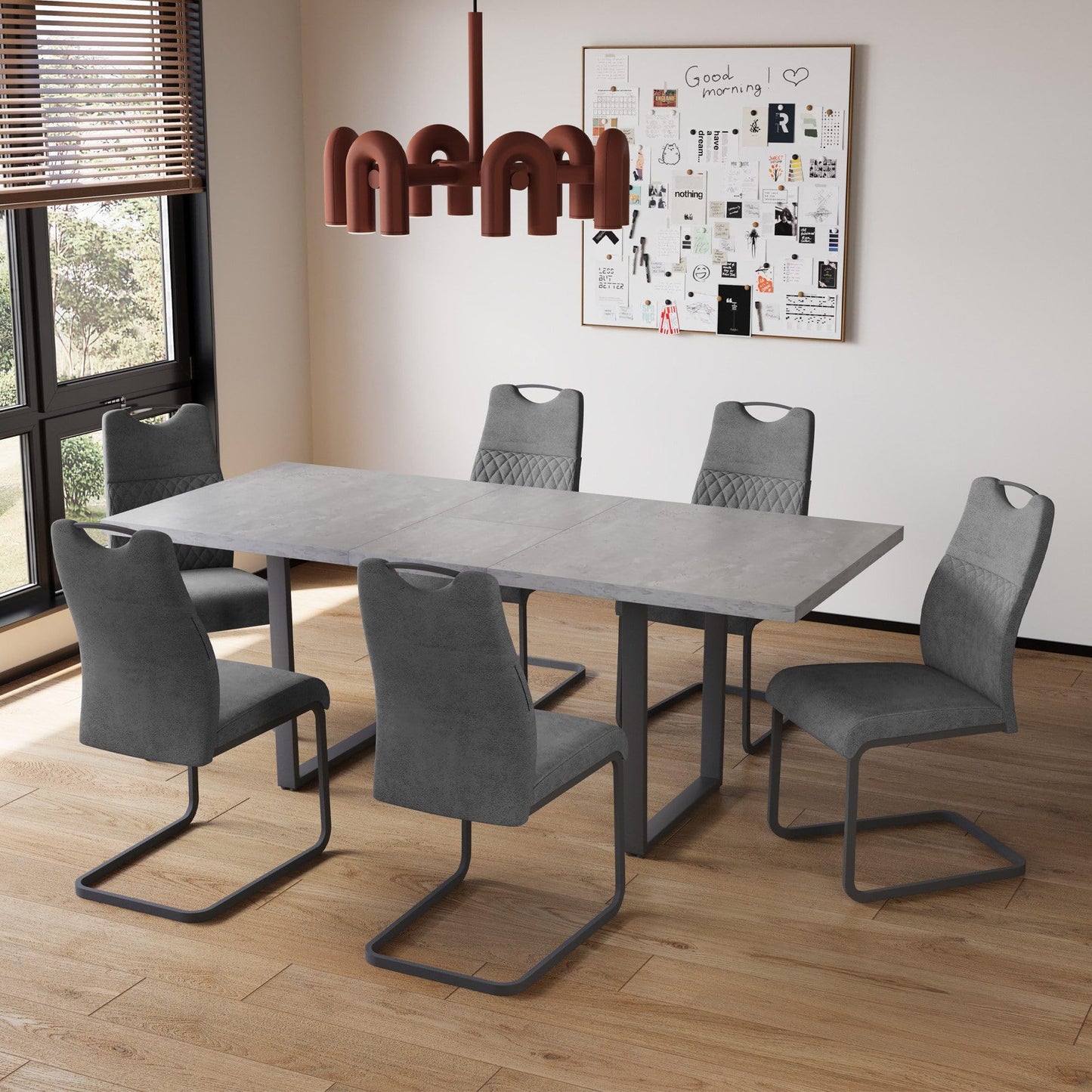 jiexi Esstisch-Set mit 4-8 Stühlen, Ausziehbarer Esszimmertisch 130-170 cm, MDF-Holztisch mit Grauen Stühlen für Küche und Wohnzimmer