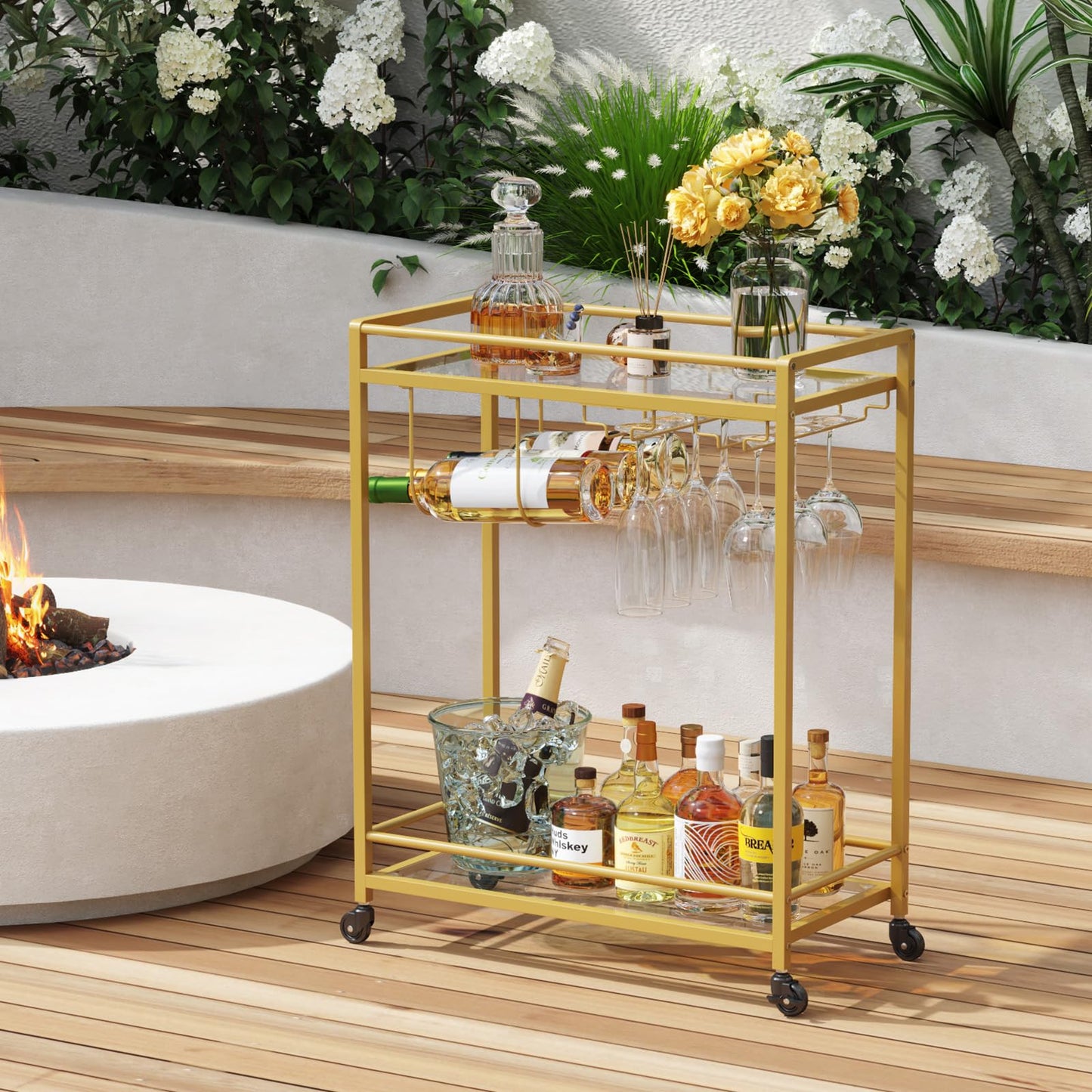 Lifewit Barwagen, Servierwagen mit 2 Etagen Glasböden, rollender Alkoholwagen mit feststellbaren Rädern, Glashalter und Weinregal, Getränkewagen für Küche, Esszimmer und Wohnzimmer, Gold