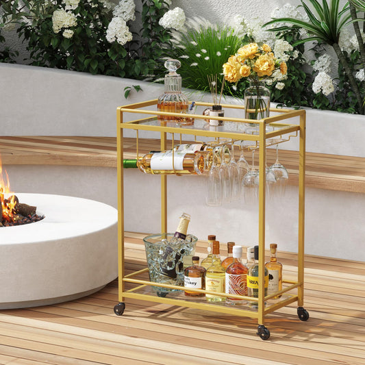 Lifewit Barwagen, Servierwagen mit 2 Etagen Glasböden, rollender Alkoholwagen mit feststellbaren Rädern, Glashalter und Weinregal, Getränkewagen für Küche, Esszimmer und Wohnzimmer, Gold