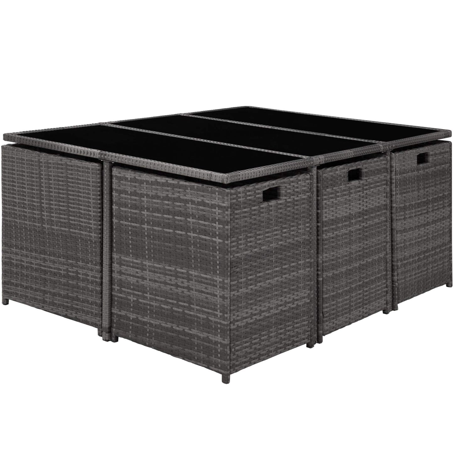 tectake® Outdoor Balkon Gartenmöbel Set, Lounge mit 6 Stühlen, 4 Hocker, 1 Tisch und Schutzhülle, Poly Rattan Geflecht, wetterfest, platzsparend - grau