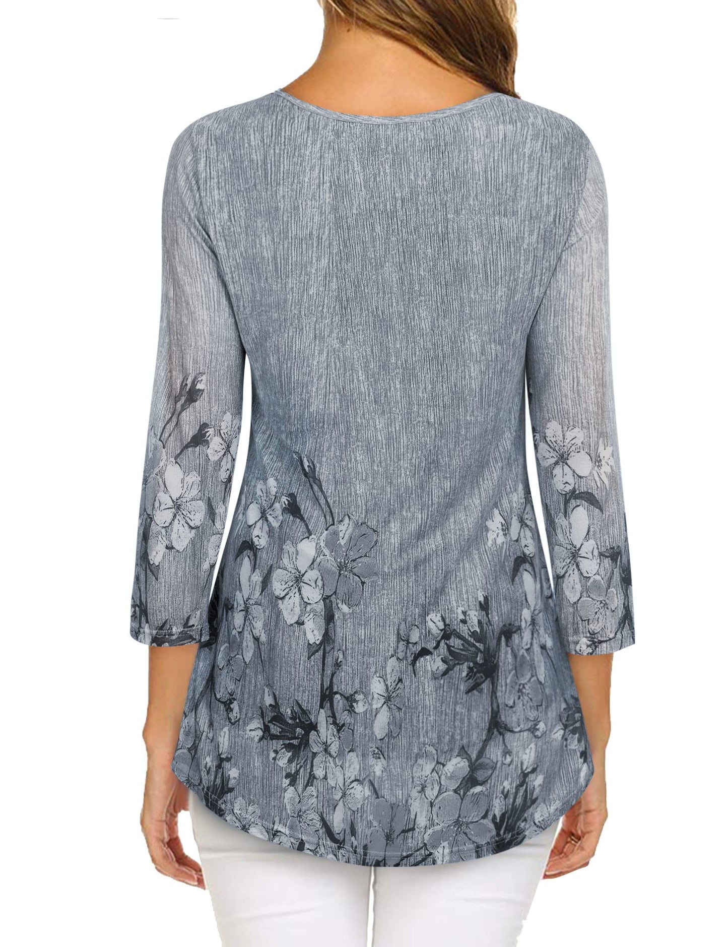 Gaharu Damenblusen 3/4 Arm Elegant Business Oberteil Frauen Festlich Tunika Damen zur Hochzeit Top Trendy Weite Passform Bluse A-Form Weich Falten Shirt Fallende Mehrlagige Bluse Grau-Blumen,XL
