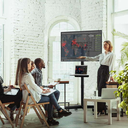 BONTEC TV Ständer auf Rollen, Neigbar, Höhenverstellbarer Rollbarer TV Ständer Rollbar mit Medienablage für 23–60 Zoll LED, LCD, OLED-Flach- und Gebogene Fernseher, hält bis zu 25 kg