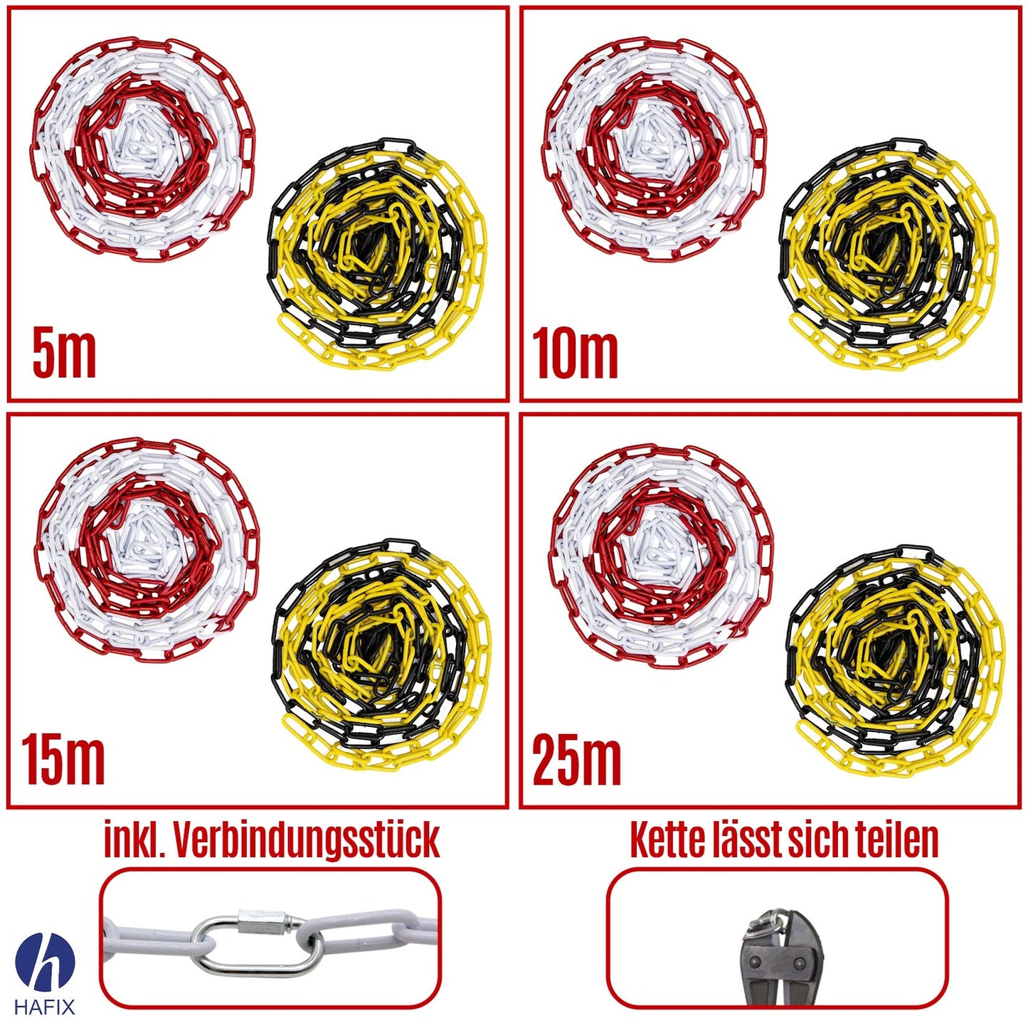 HAFIX Absperrkette Warnkette Zweifarbige rot-weiße Kette 26M. Warnkette 5mm Gliederkette Sicherheitskette Baustellensicherheitskette aus rostfreiem Metall. Absperrkette Rot Weiß aus Metall 26 Meter.