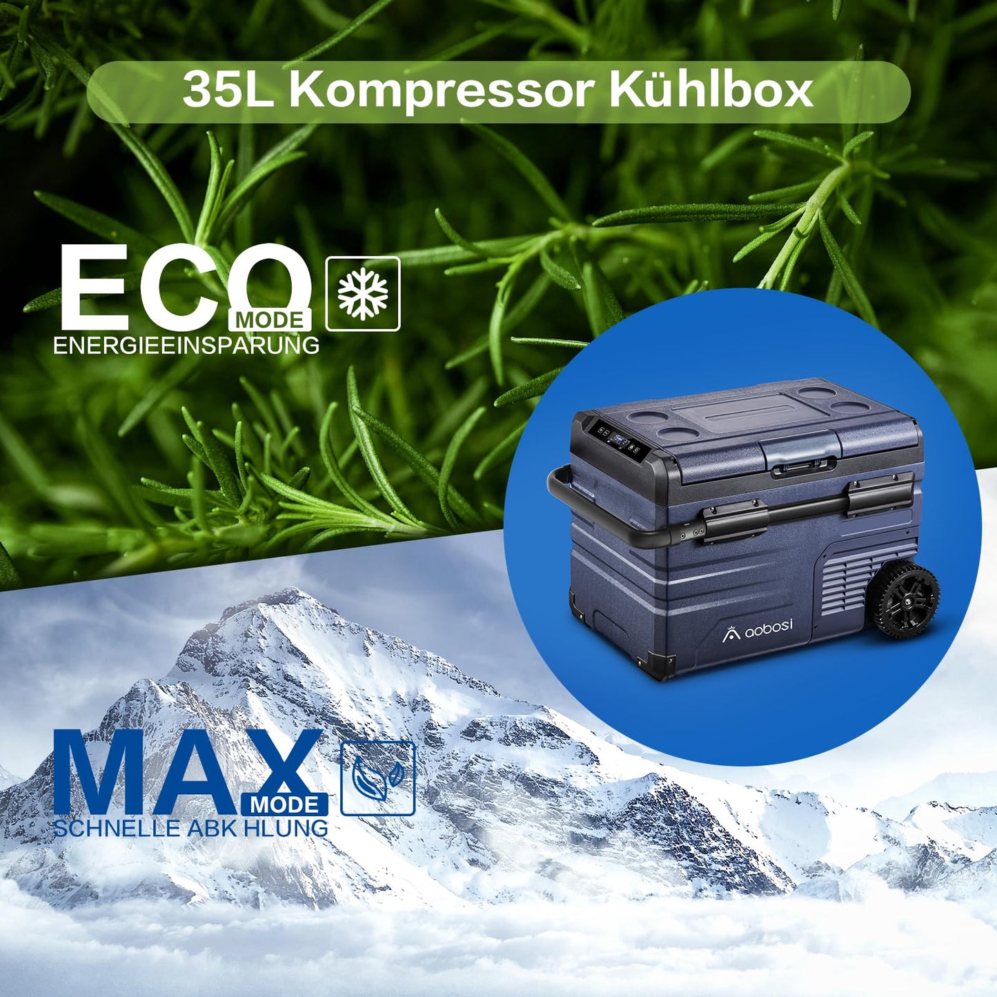 AAOBOSI 35 L Kompressor Kühlbox Dual Zone, Kühlbox Auto Mit WIFI-APP-Steuerung USB-Anschluss, 12/24 V und 100-240 V Kühlbox bis -20 °C für Auto, Lkw, Boot, Reisemobil,Camping