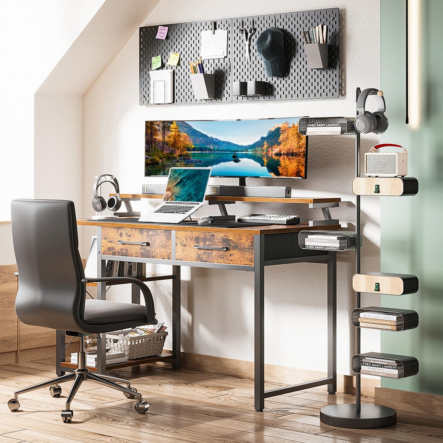 ODK Schreibtisch mit 2 Schubladen, Computertisch mit Regalen und Monitorständer, Bürotisch mit Bücherregal, Computertisch Klein PC-Tisch Officetisch für Home Office, 120x50x87cm, Rustikales Braun