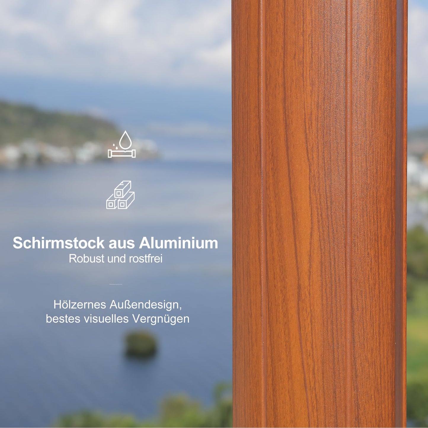 PURPLE LEAF Alu Holzoptik Sonnenschirm Groß Ampelschirm 300 x 300 cm mit Schirmständer Gartenschirm 360° Drehbar, Marktschirm mit Kurbel Doppeldach, XXL, Sonnenschutz UV50+, Cream