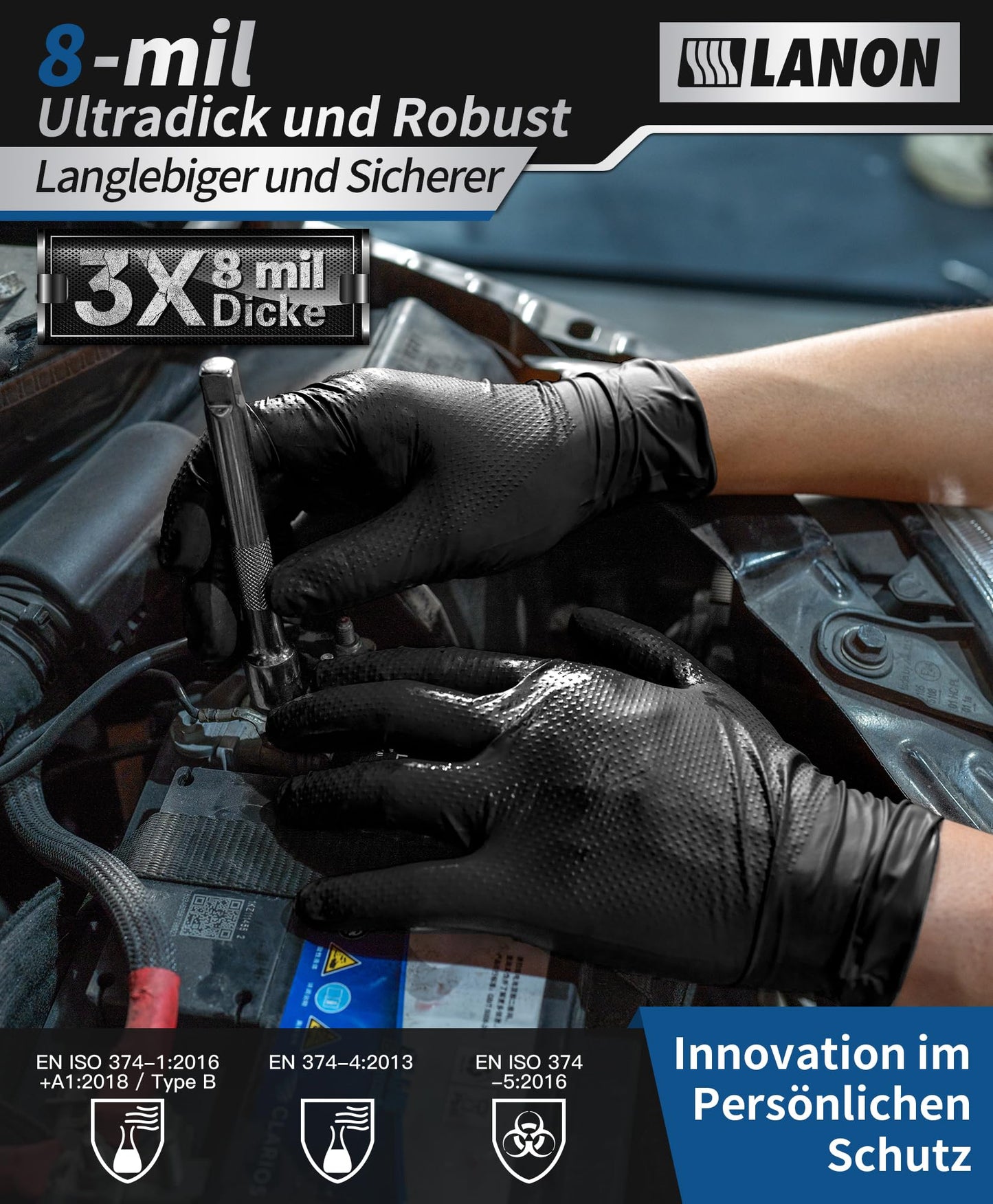 LANON 8 Mil Schwarz Nitrilhandschuhe, Diamanttextu Einweghandschuhe Extra Stark, Mechaniker, Langlebig, Lebensmittelecht, Latexfrei, Pulverfrei, M(100 Stück)