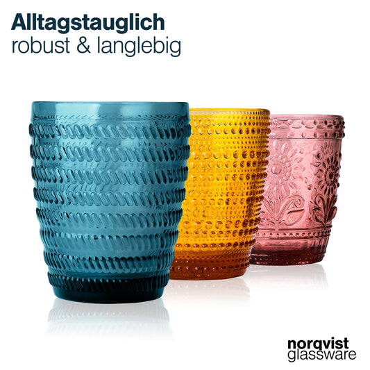 Norqvist Trinkgläser Set bunt - Gläser Set - Wassergläser farbig, Saftgläser - 6er Set 250 ml - Spülmaschinengeeignet - Modernes Design mit Mustern