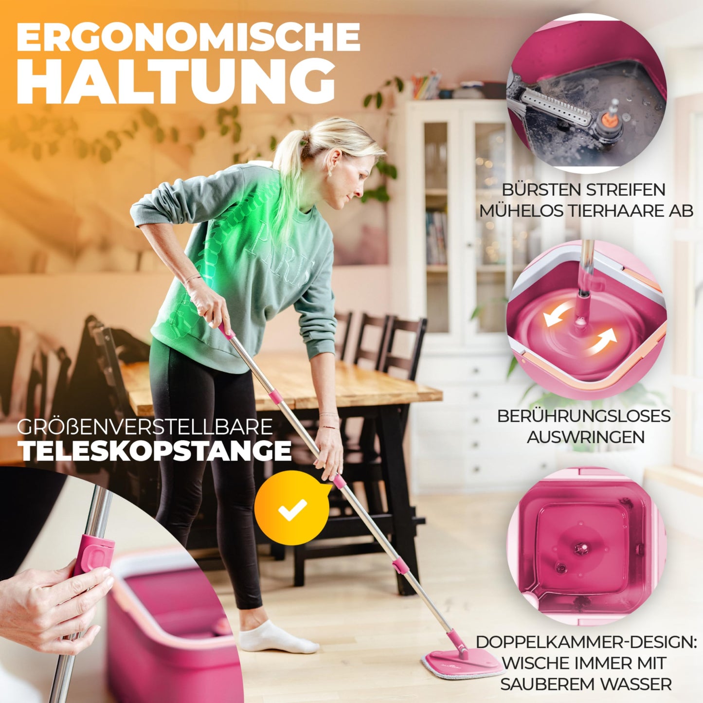 ALANBERG® Wischmopp Set mit Eimer – 2-Kammer-System für Schmutz- & Frischwassertrennung – Selbstauswringend, Mikrofaser Wischpads – Bodenwischer für alle Böden, Rosa