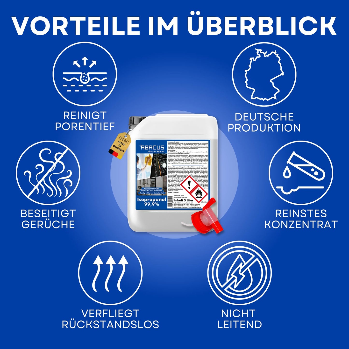 ABACUS® Isopropanol 99,9% | 2x 5L | Isopropylalkohol 99,9% | Reinigungsalkohol für Haushalt, Industrie, Elektronik & Kosmetik | Entfettet & reinigt rückstandslos | nicht leitend
