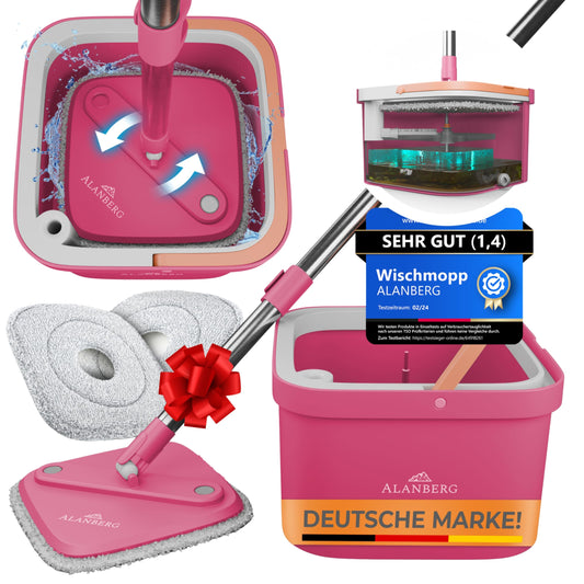ALANBERG® Wischmopp Set mit Eimer – 2-Kammer-System für Schmutz- & Frischwassertrennung – Selbstauswringend, Mikrofaser Wischpads – Bodenwischer für alle Böden, Rosa