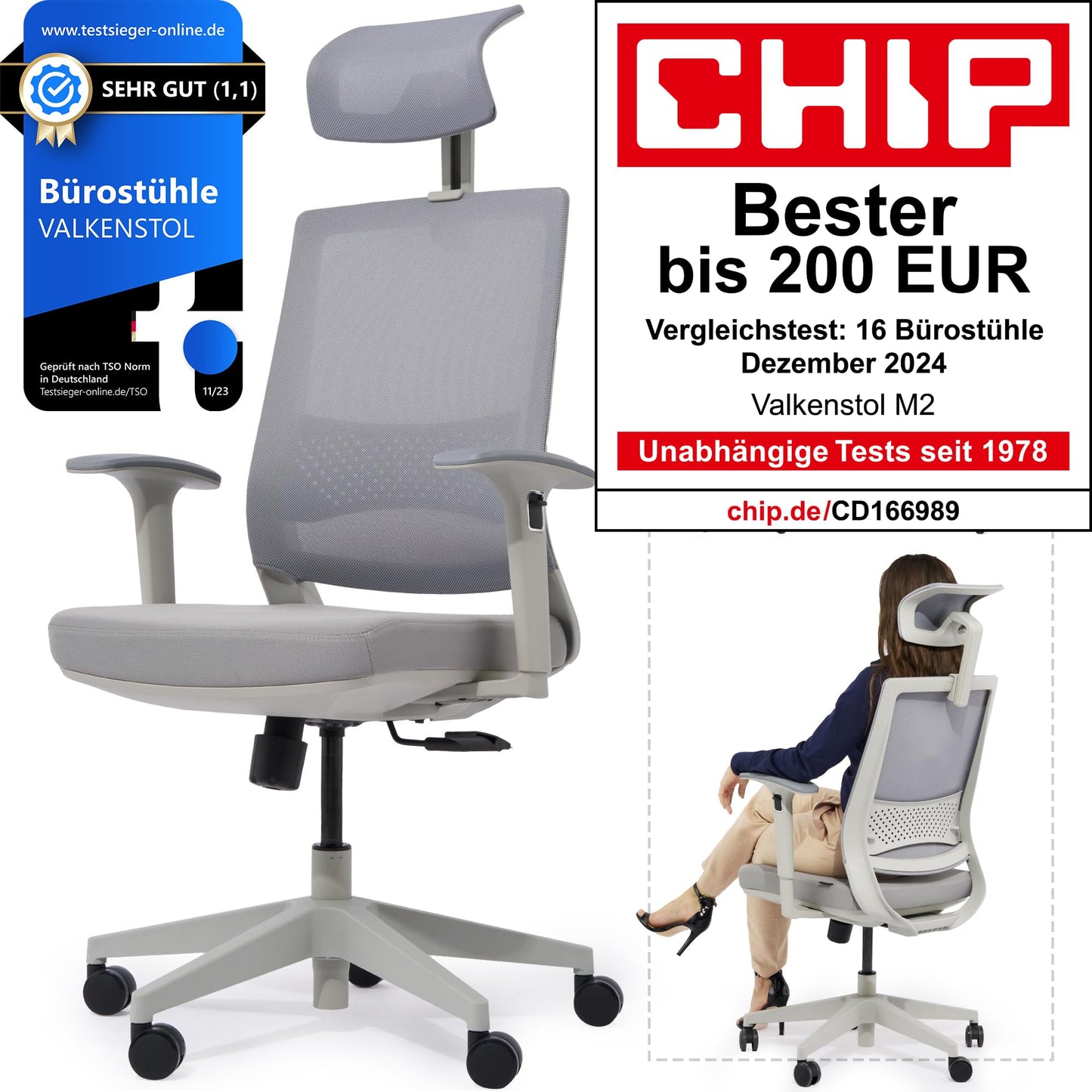 VALKENSTOL M2 Bürostuhl Ergonomisch mit individuell konfigurierbarer Armlehne und Kopfstütze für maximale Bewegungsfreiheit - bequemer ergonomischer Schreibtischstuhl für Büro und Home Office Chair