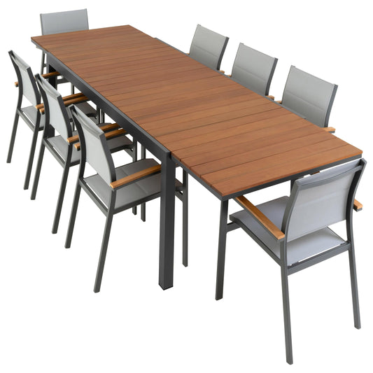 Nexos Trading 9er Set Ausziehbarer Gartentisch Holz Alu mit 8 Stapelstühlen Garten-Garnitur Terrassen-Garnitur Balkon-Garnitur großer Tisch Speisetisch