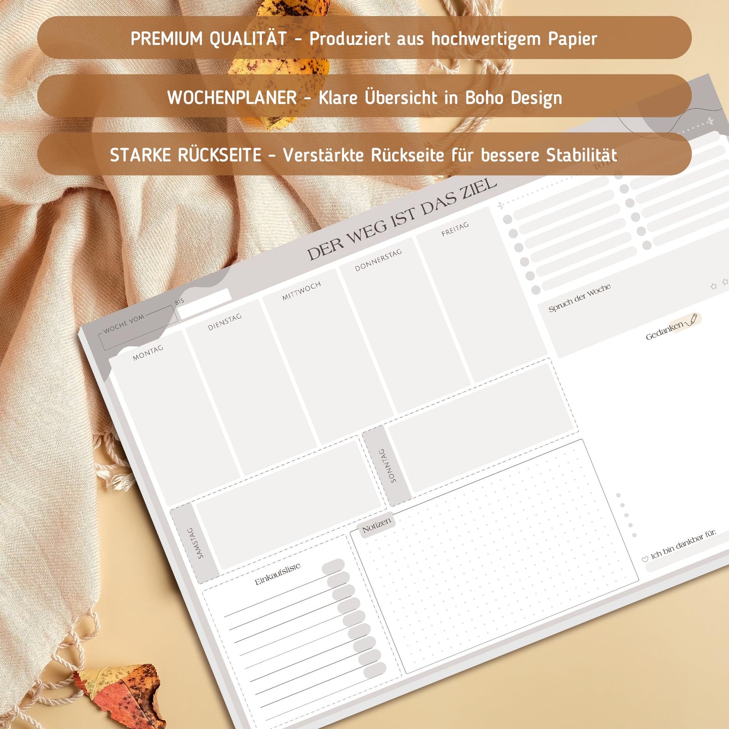 BIROYAL Wochenplaner Block Undatiert A3-50 Seiten Weekly Planner mit To Do Liste - Wochenkalender - Wochen Planer mit Wochenübersicht & Einkaufsliste - Schreibtischunterlage für Aufgaben & Termine