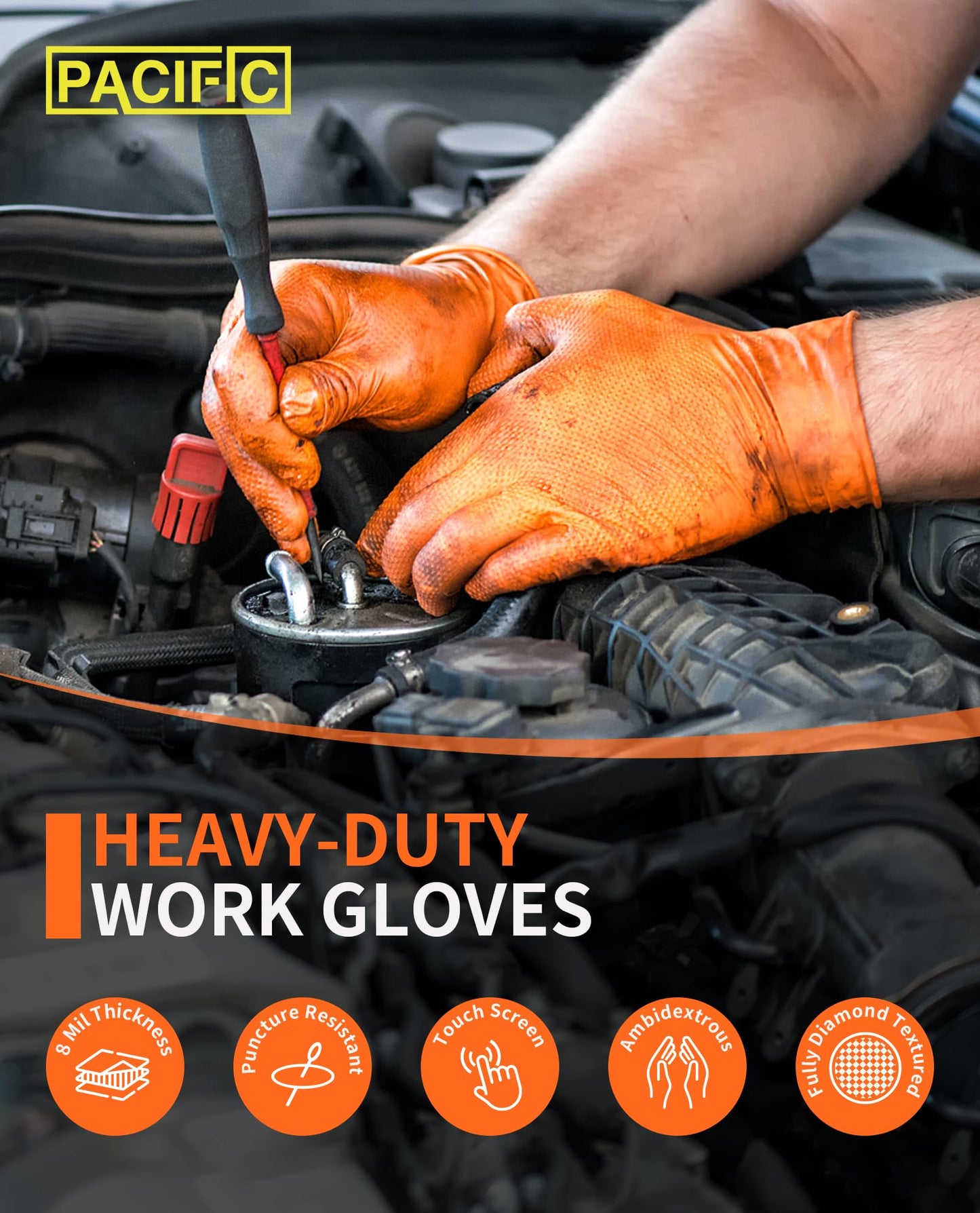 PACIFIC 8-mil Orange Nitril Einweghandschuhe, Heavy-Duty, Industriell, Mechanisch, Diamantstrukturiert, Latexfrei, Puderfrei, EN 374, M