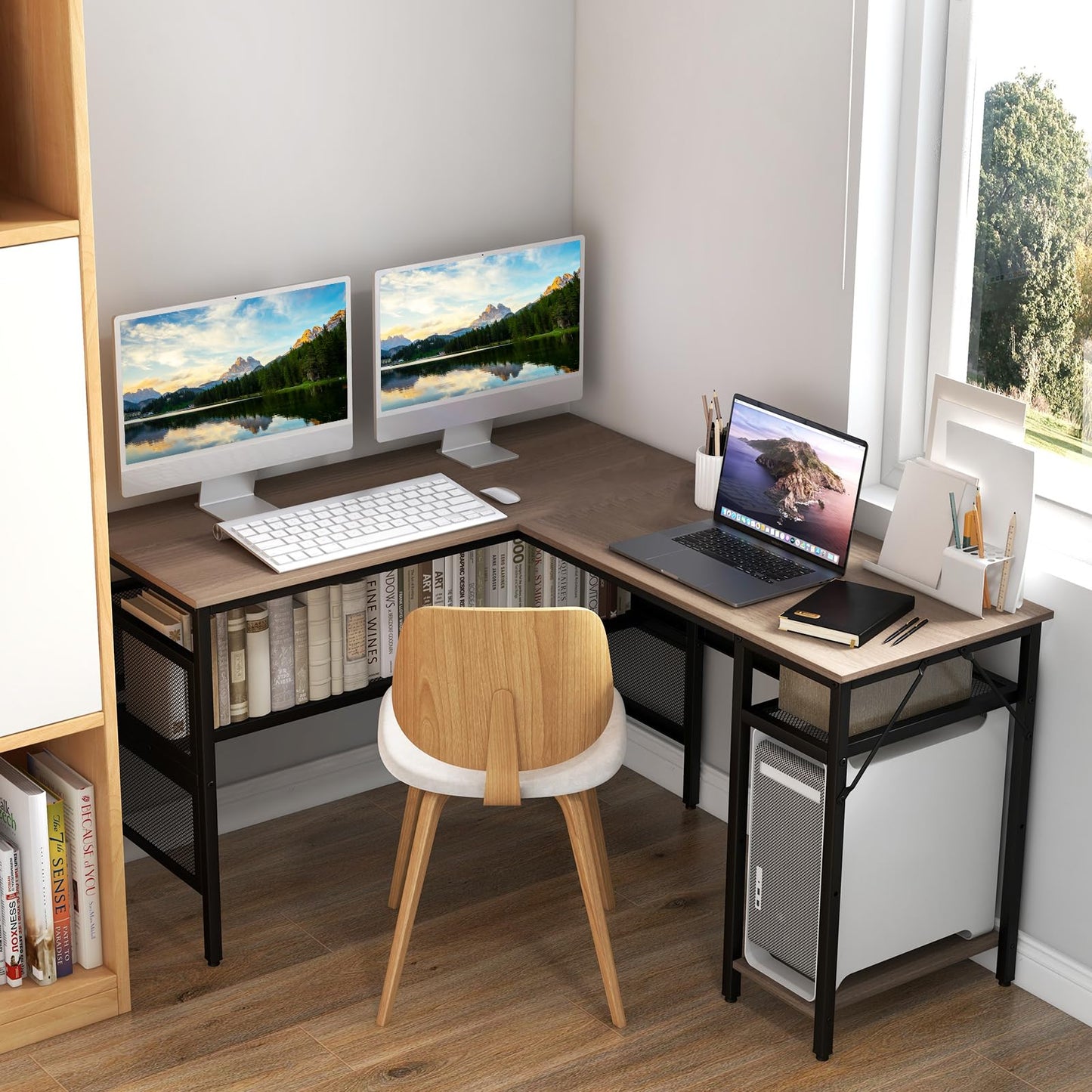 COSTWAY L-förmiger Schreibtisch, reversibler Eckschreibtisch mit Gitterregalen & CPU-Ständer, Ecktisch, Computertisch, Bürotisch für Home Office, 140 x 120 x 74 cm