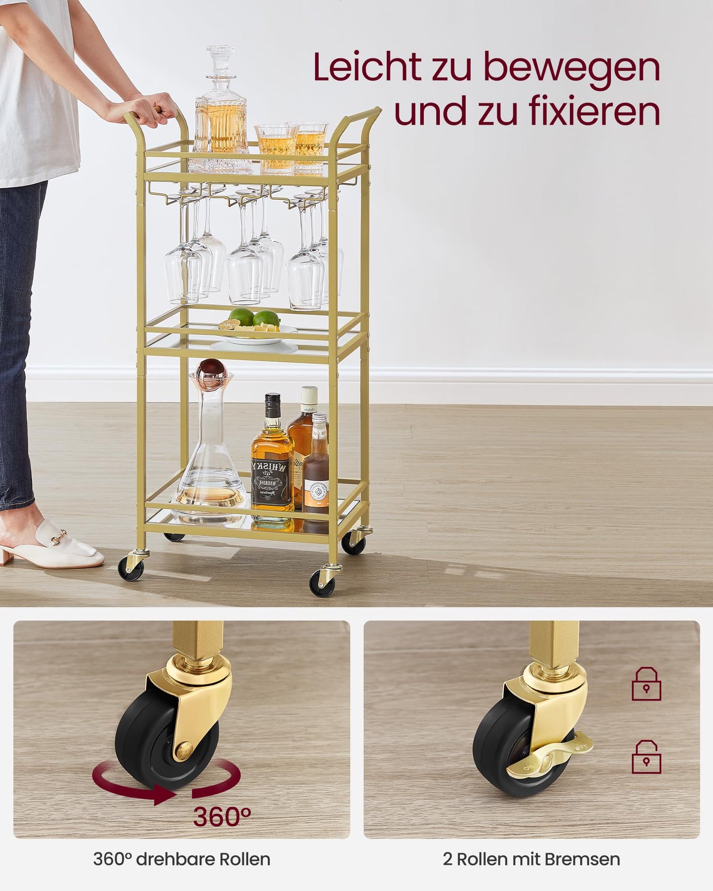 VASAGLE Servierwagen, 3 Ebenen, Rollwagen, mit Rollen, Griffen, verspiegelte Glasablagen, für kleine Räume, Küche, Esszimmer, Bar, goldfarben LRC091A62