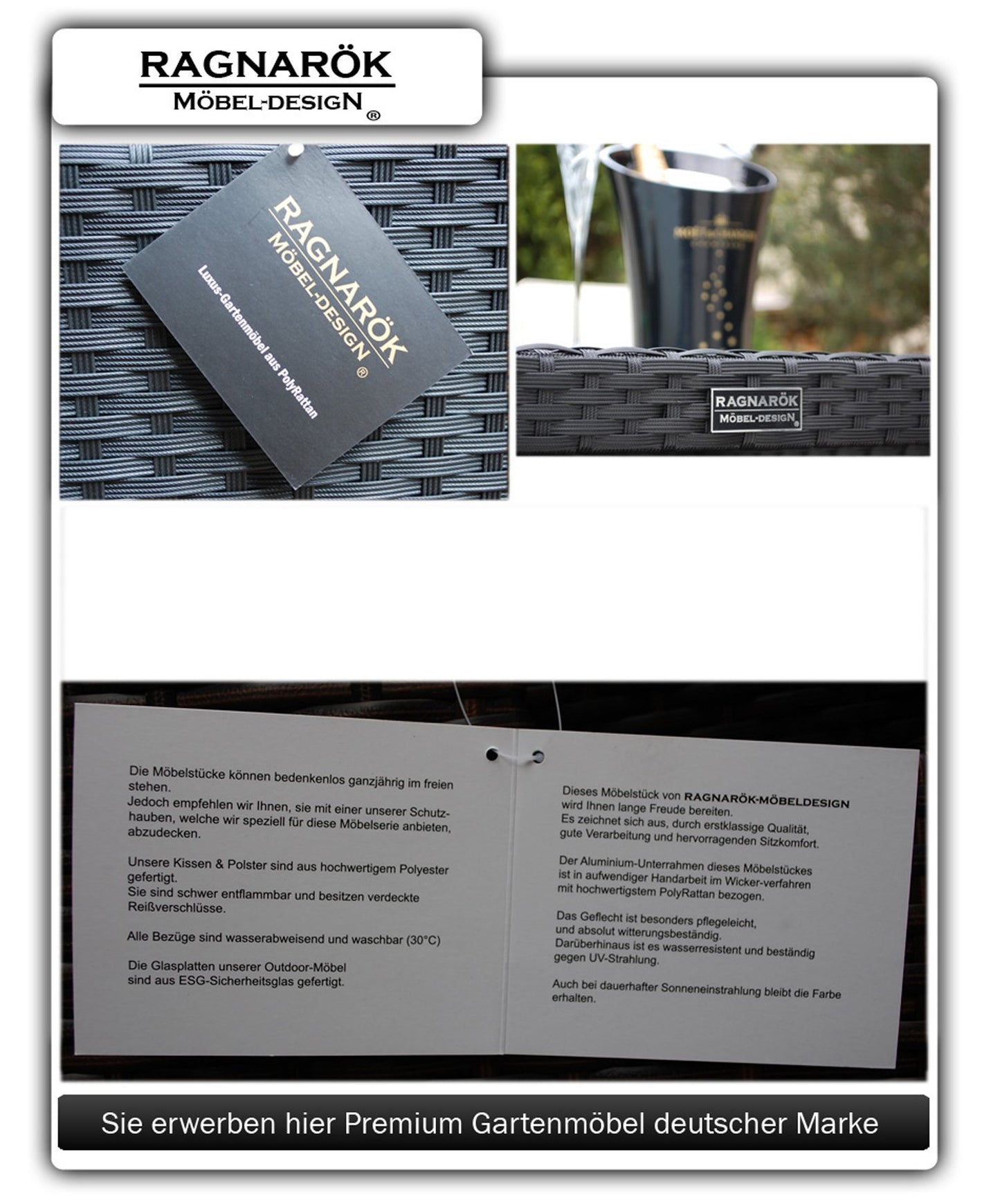 Ragnarök-Möbeldesign Wieland Premium PolyRattan Essgruppe - Deutscher Hersteller - 8 Jahre GARANTIE - Tisch Stuhl Hocker schwarz Aluminium