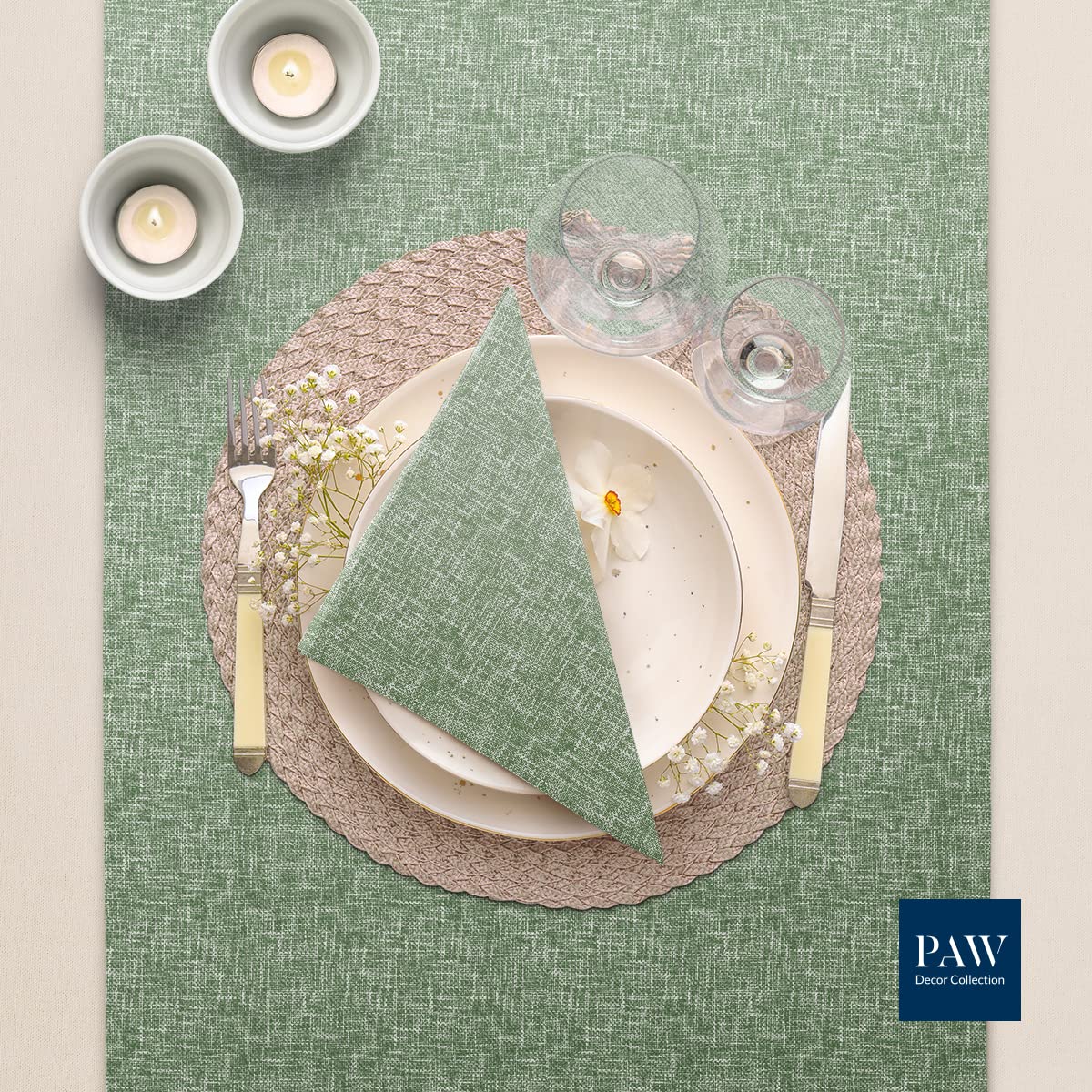 PAW - Servietten aus Airlaid - Stoffähnlich (40 x 40 cm) I 50 Stück I Ideal für Hochzeit, Taufe, Kommunion, Geburtstag I Stoffservietten - Natur, Grün I Farbe: Linen Structure GREEN