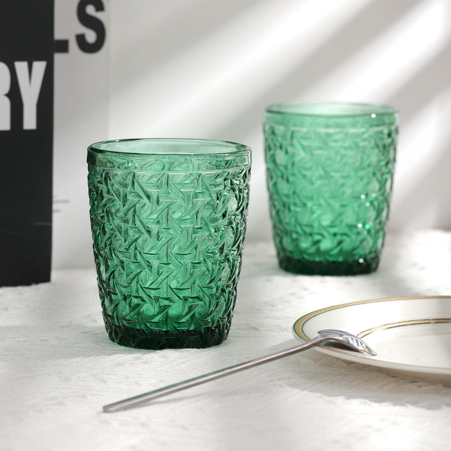 Joeyan 300ml Grün Gläser Set 6 Teilig,Vintage Trinkgläser Bunt mit Geprägtem Design,Farbig Wassergläser Spülmaschinenfest