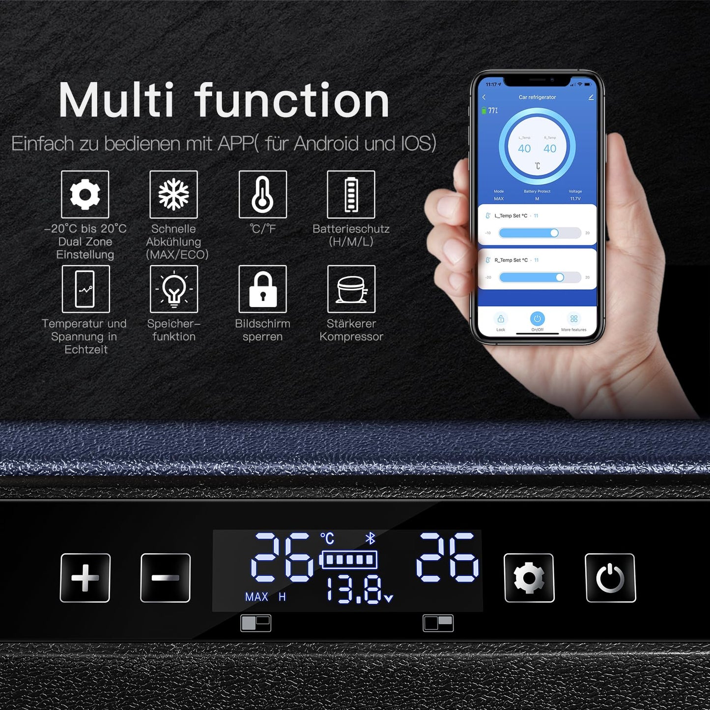 AAOBOSI 35 L Kompressor Kühlbox Dual Zone, Kühlbox Auto Mit WIFI-APP-Steuerung USB-Anschluss, 12/24 V und 100-240 V Kühlbox bis -20 °C für Auto, Lkw, Boot, Reisemobil,Camping