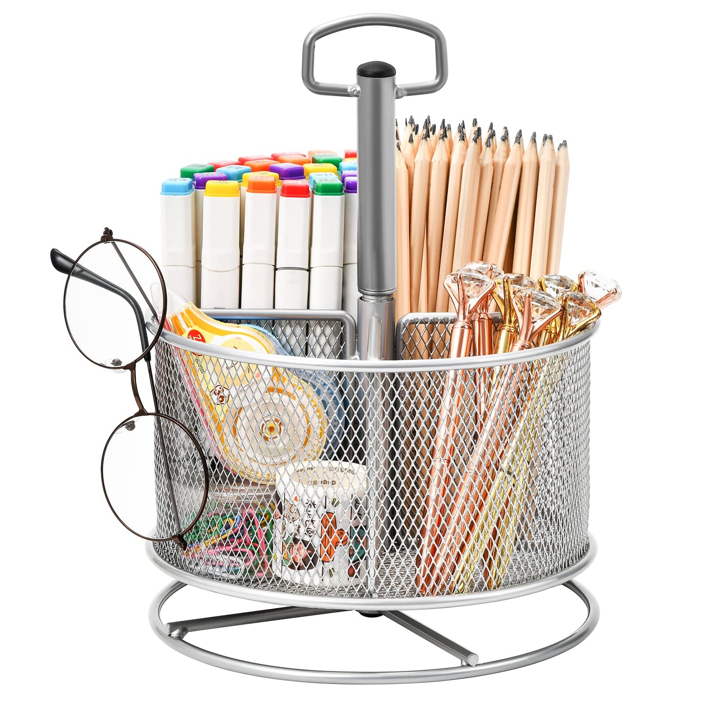 Marbrasse Mesh Schreibtisch Organizer,360Grad Drehbarer Multifunktionaler Stifthalter,4Fächer,Stiftehalter,Aufbewahrungsbox für Zuhause, Büro Stifthalter (Silber)