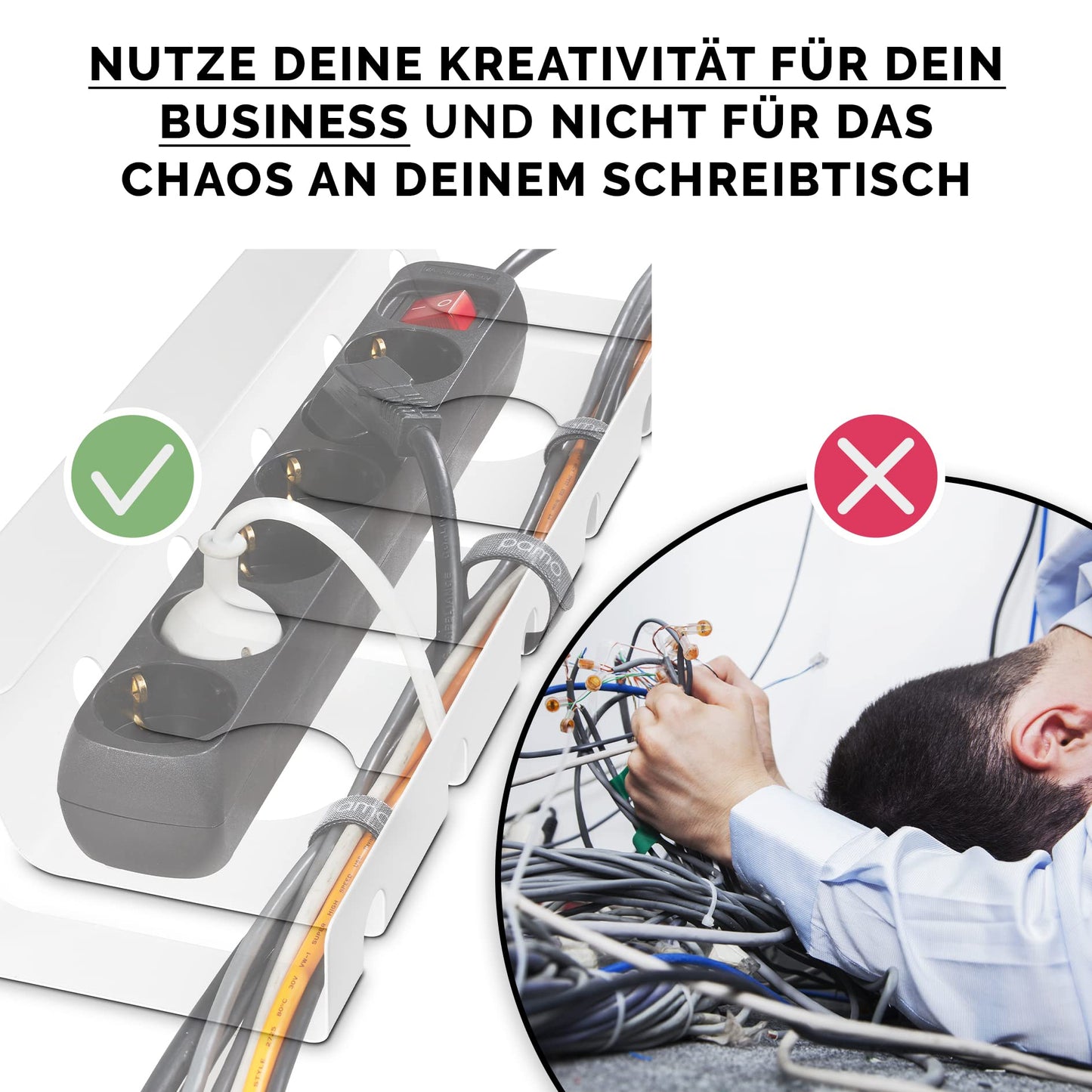 PAMO Kabelkanal Schreibtisch 2er Set zur einfachen Montage untertisch I inkl. 10x Klett Kabelbinder und Kabel-Clips I Schreibtisch Organizer für Büro/Home Office Tisch