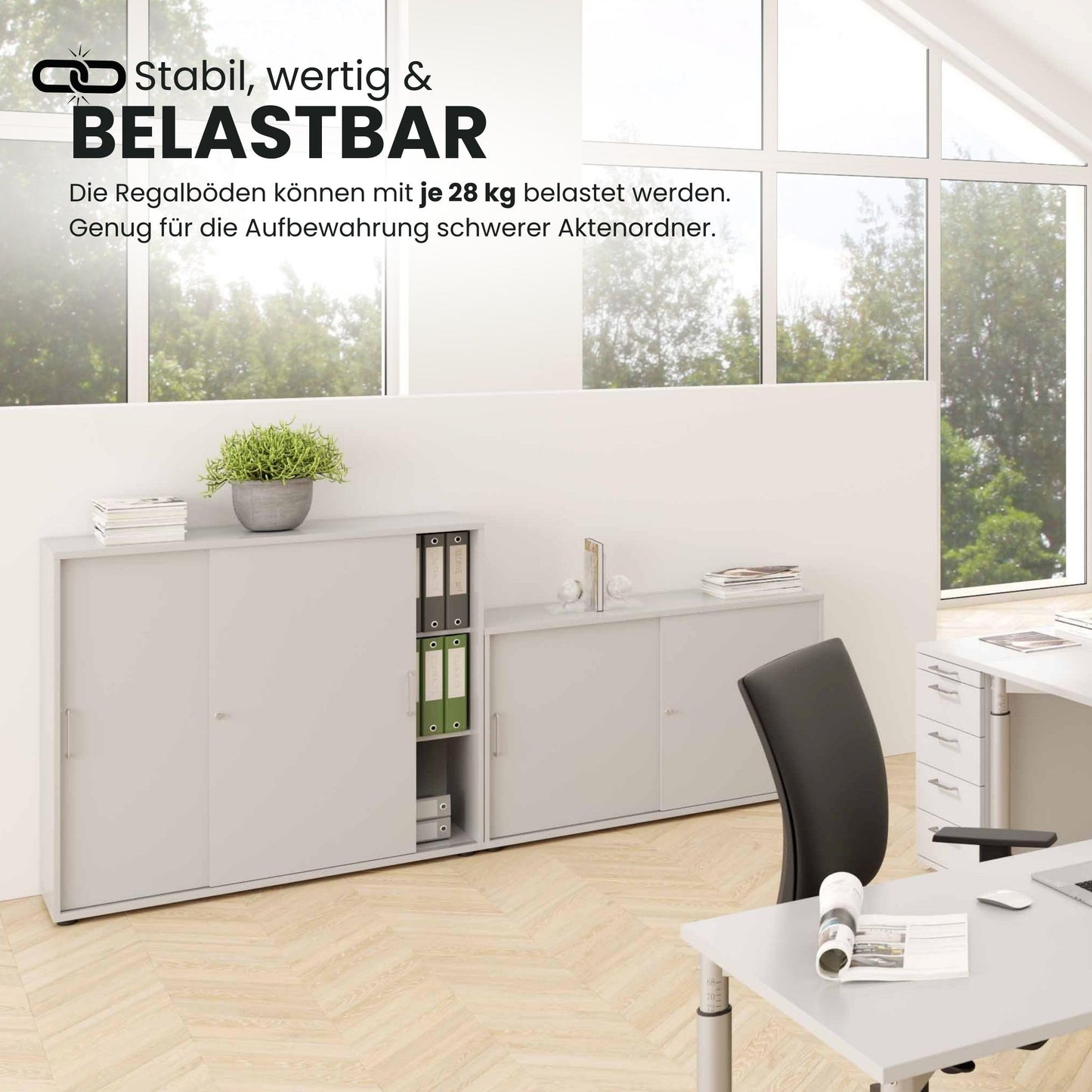 bümö Schiebetürenschrank 3OH - Aktenschrank abschließbar, Sideboard Schrank mit Schiebetüren in Weiß/Eiche - Büroschrank aus Holz mit Schiebetür, Büro Kommode für Ordner & Co.