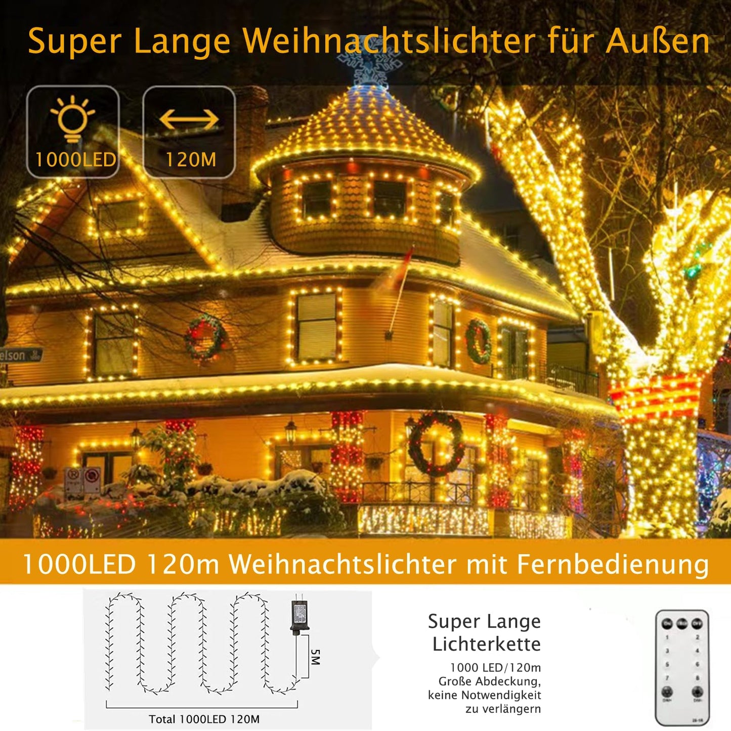 Zewool Lichterkette Außen 120m 1000er LEDs Dimmbar mit Fernbedienung und Timer, 8 Modi IP65 Wasserdicht Lichterketten für Garten Hochzeit Party (Warmweiß)