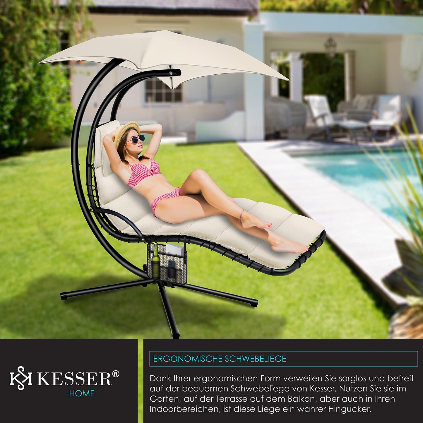 KESSER® Schwebeliege mit Sonnenschirm, Hängeliege, Sonnenliege H200, L194, B100 cm, Relaxliege, Schaukelliege Hängematte, bis 120 kg belastbar, Auflagen - Nackenkissen, Inkl. Tasche