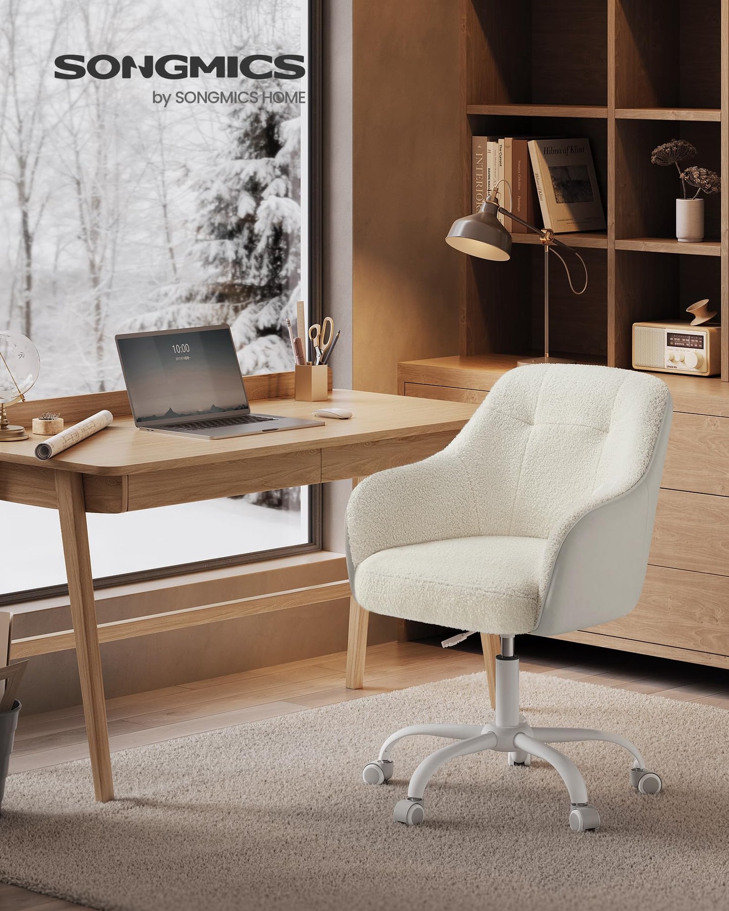 SONGMICS Homeoffice Stuhl, Drehstuhl, Schreibtischstuhl, höhenverstellbar, bis 110 kg belastbar, atmungsaktiver Sherpa-Stoff und PU, für Arbeitszimmer, Schlafzimmer, cappuccinobeige OBG019W01