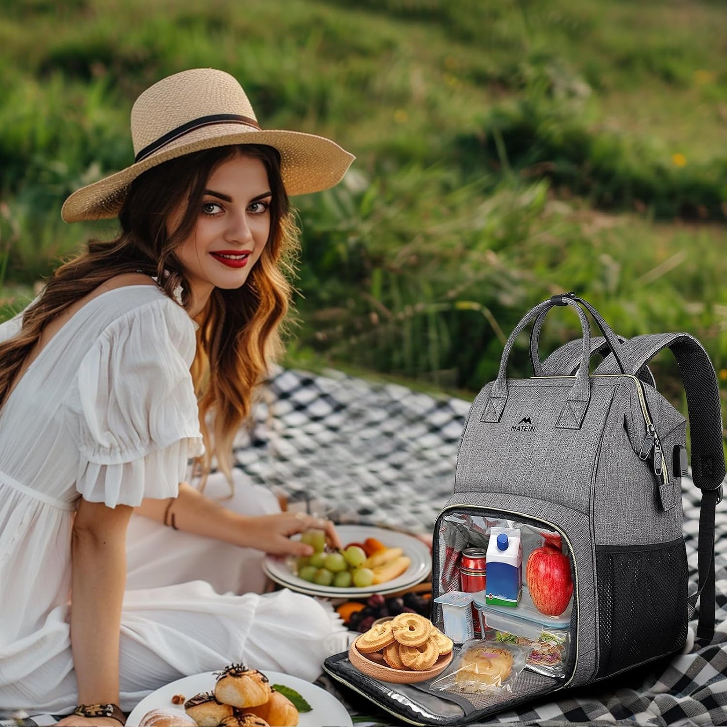 MATEIN Damen Laptop Rucksack 15,6 Zoll mit Isoliertes Kühlfach, Kühlrucksack mit USB Ladeanschluss, Wasserdicht Kühltasche Lunch Tasche für Frauen Herren Arbeit Business, Grau