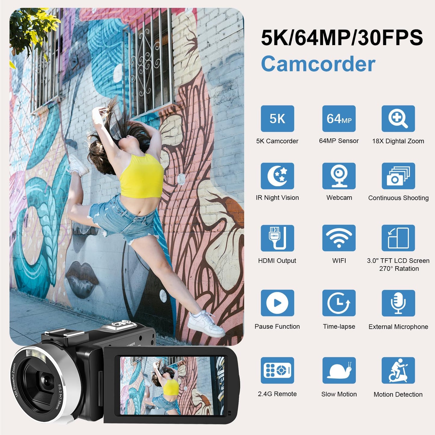 Delmodes Videokamera 5K Camcorder 64MP WiFi 18X Digitalzoom Vlogging Kamera für YouTube, 3.0" IPS Touchscreen IR Nachtsicht Videokamera mit Handstabilisator, 32GB SD-Karte, Fernbedienung, Batterien