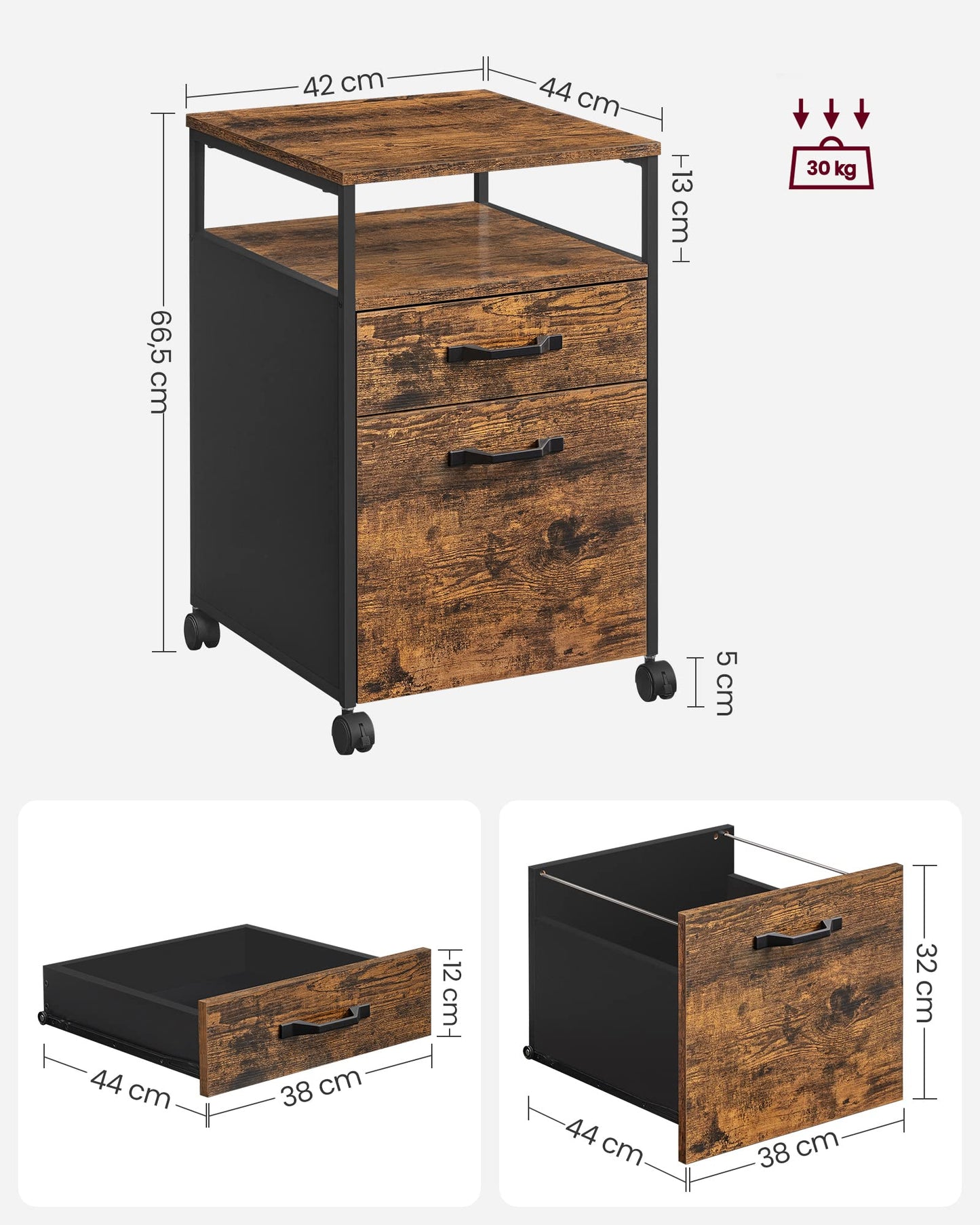 VASAGLE Rollcontainer, Aktenschrank mit 2 Schubladen, mobiler Büroschrank mit Rädern, offenes Fach, Hängeregistratur, Stahlgestell, Industrie-Design, vintagebraun-tintenschwarz OFC71X