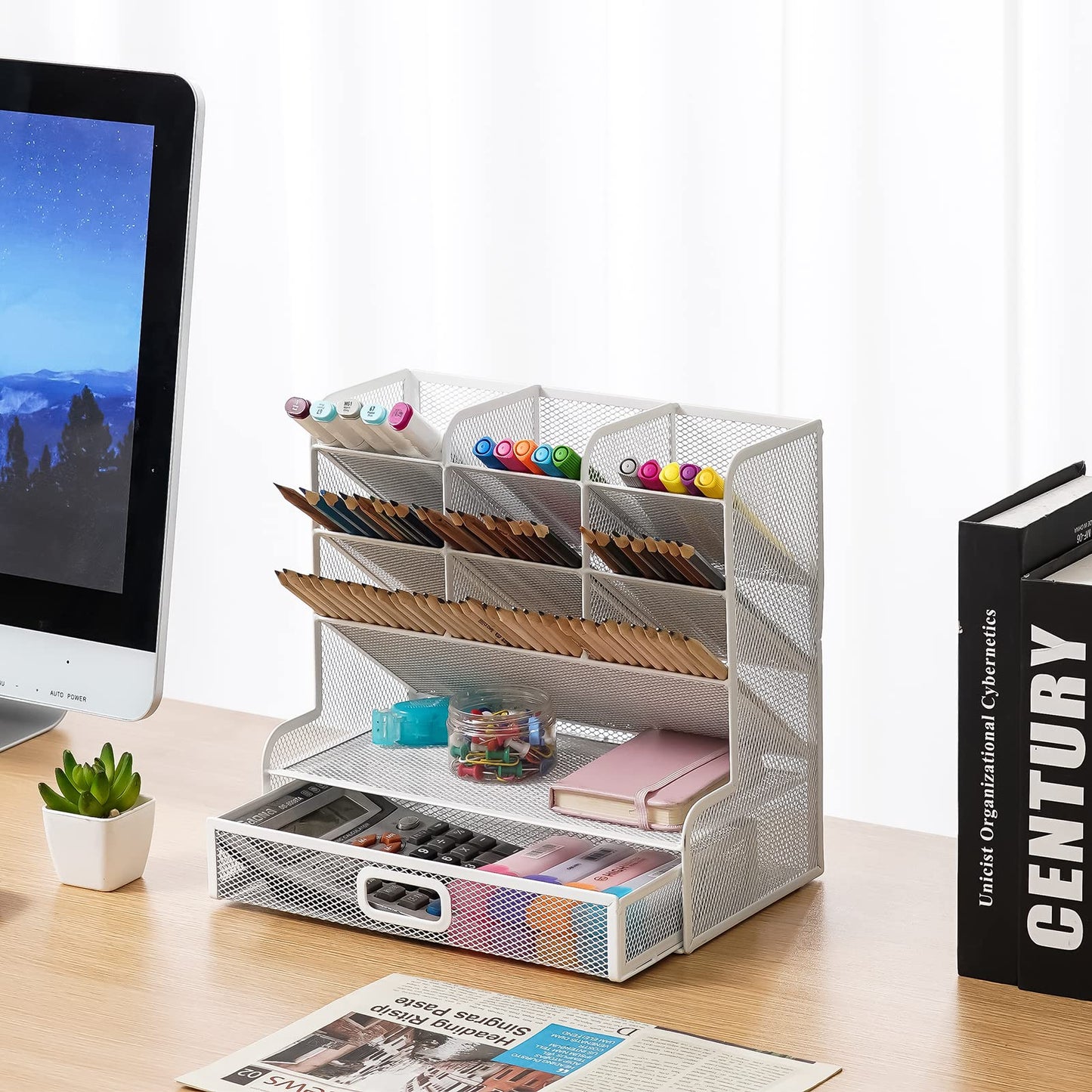 Marbrasse Schreibtisch-Organizer aus Netzstoff, Multifunktionaler Stifthalter,für Schreibtisch,Aufbewahrungsregal für Schule,Zuhause,Büro,Kunstbedarf (Mesh Pen Holder White with Drawer)