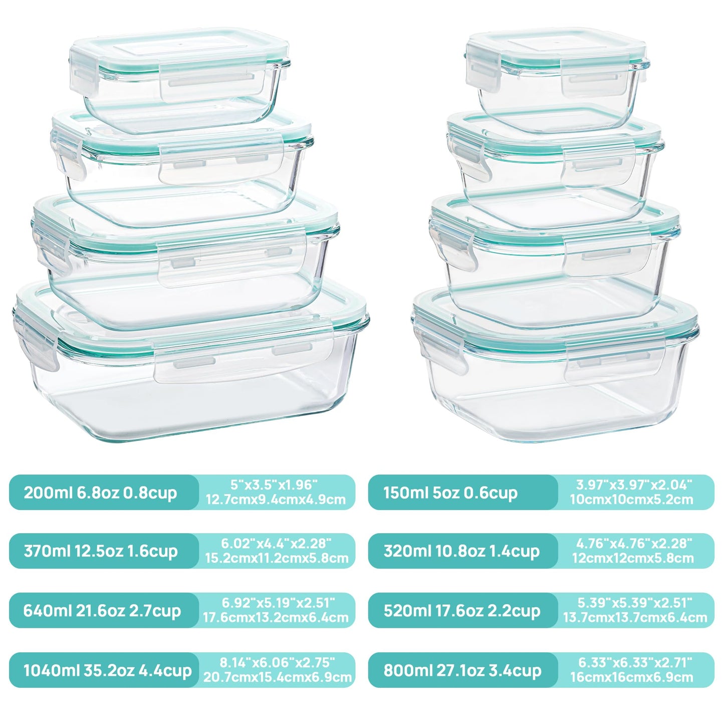 Vtopmart 8er Glasbehälter Mit Deckel, Glas Frischhaltedosen Mit Deckel, Meal Prep Boxen für Lebensmittel, Mikrowellen, BPA-Freie (Green)